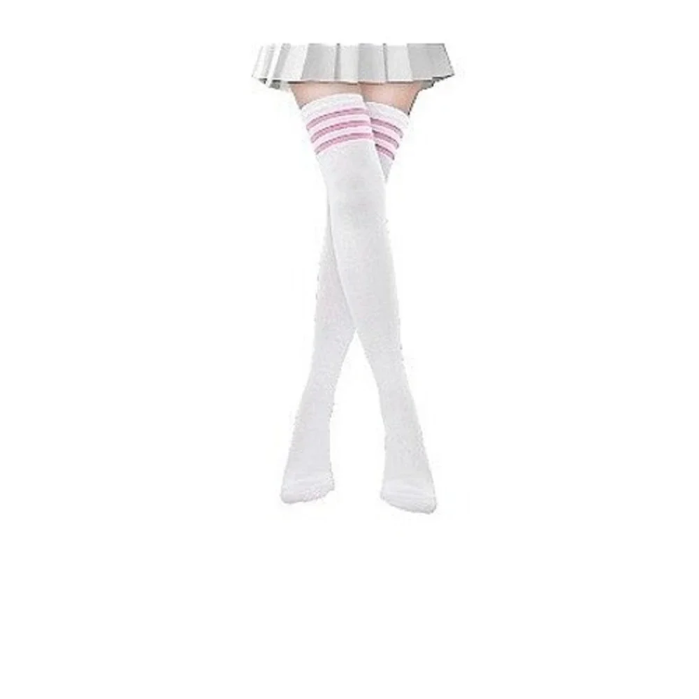 White with 3 Pink Stripes Over the Knee Tall Socks ONE SIZE School Girl NEW
